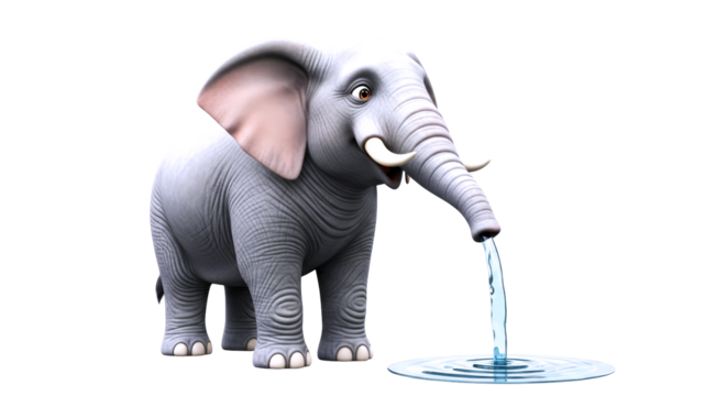 playful elephant 3d model cartoonish trunk, joyful water pour, adorable animation asset, isolated on transparent background