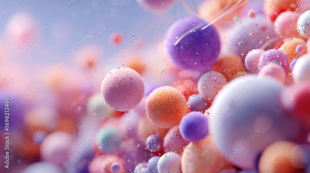 Poster colorful spheres floating in an abstract background with soft lighting and ethereal textures created
