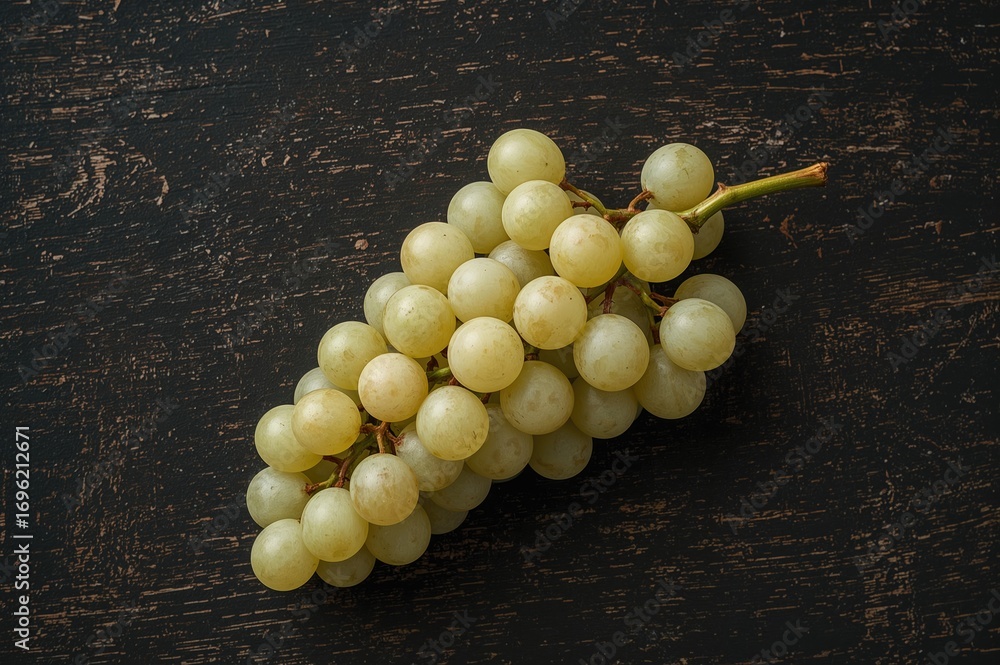 Poster cluster of pale grapes against a dark rustic backdrop, showcasing texture and seasonal vibes of summ
