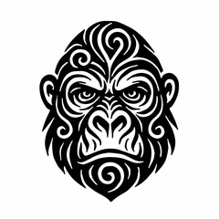 bold, tribal-style illustration of a gorilla head, composed of swirling black lines and geometric curves