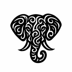 Naklejka premium tribal tattoo design, bold, tribal-style illustration of an elephant head, composed of swirling black lines and geometric curves