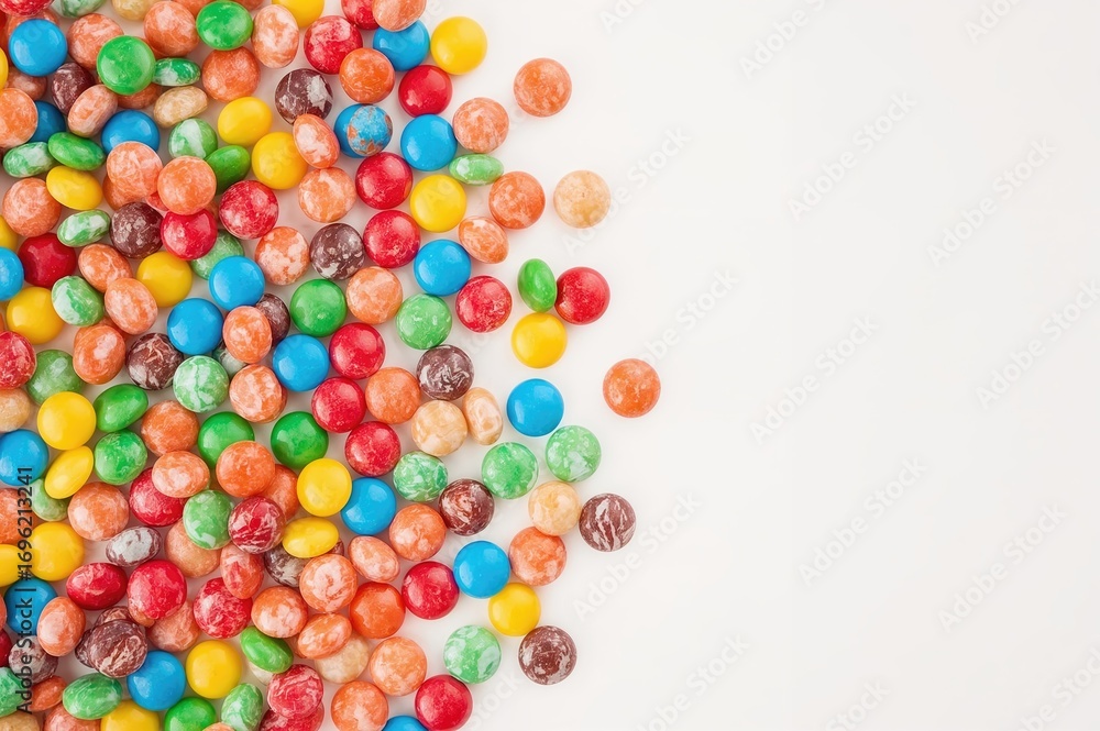 Poster assorted colorful sweets arranged neatly on a white surface with empty space for text, highlighting 