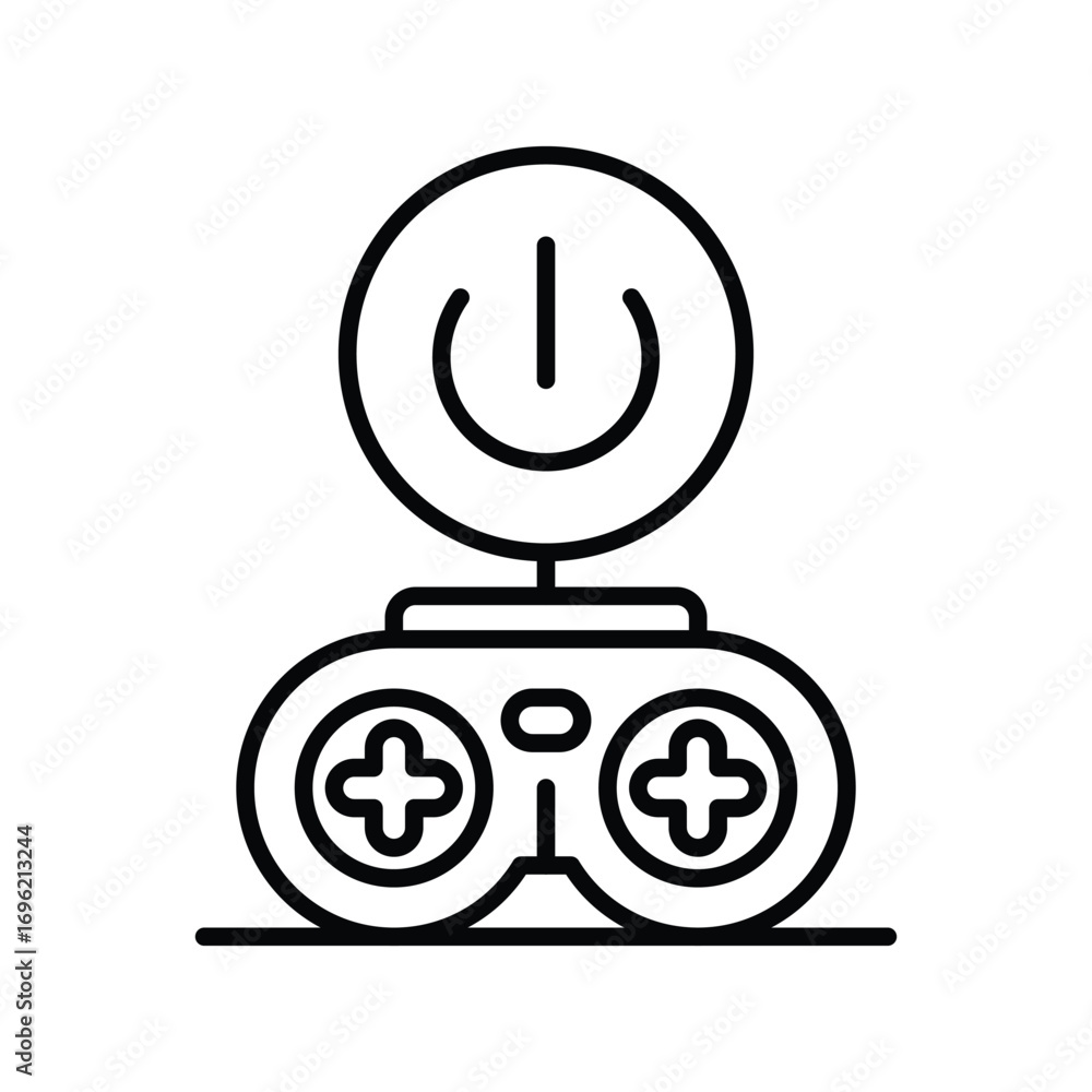 Poster black white vector graphic of a game controller with a power button above. editable stroke icon