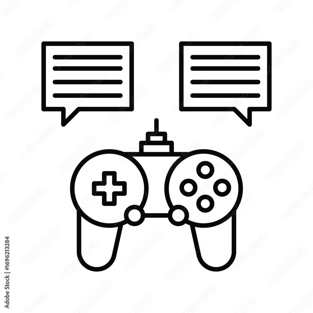 Poster blackandwhite icon of a gamepad with two speech bubbles above it. editable stroke icon