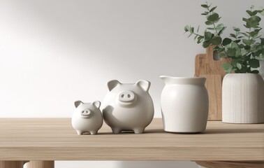 Still life two piggy banks, a pitcher, and foliage on a wooden table with white wall and light