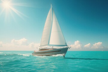 Fototapeta premium A vessel sailing under a bright blue sky over the ocean