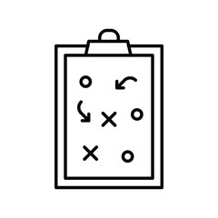 Blackandwhite illustration of a clipboard with circles Xs and curved arrows likely depicting a game strategy. Editable stroke icon