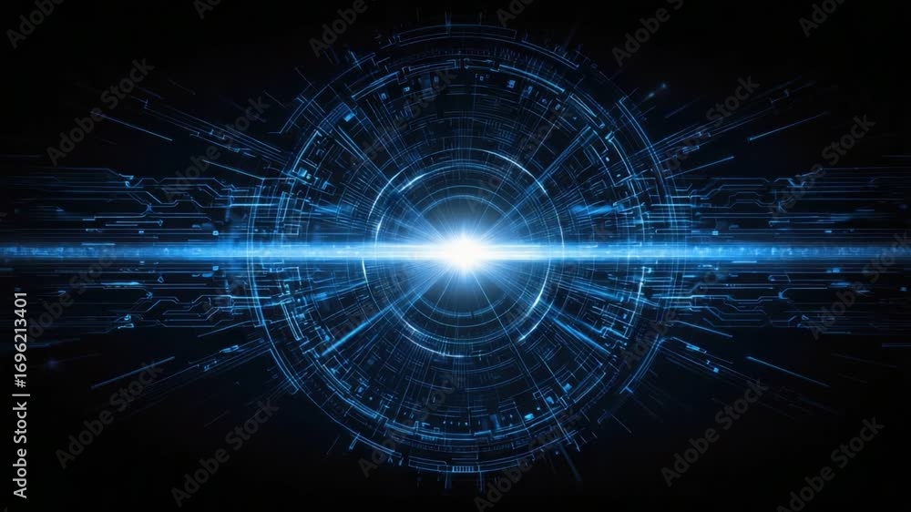 Poster a stunning visualization of digital energy radiating from a central point, showcasing a blend of blu