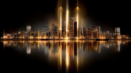 Fototapeta premium Stunning Night Cityscape with Reflections and Bright Lights Over a Calm Water Surface