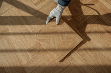 Detailed view of a gloved hand grasping a herringbone patterned wood flooring piece over a matching surface, featuring shadows, reflections, and empty space for text.