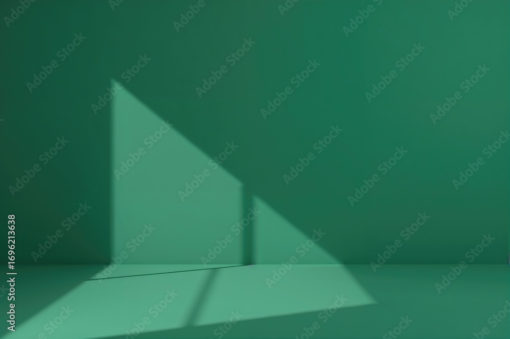 Poster minimalist geometric studio setup with shadow and illumination on a green backdrop for upscale produ