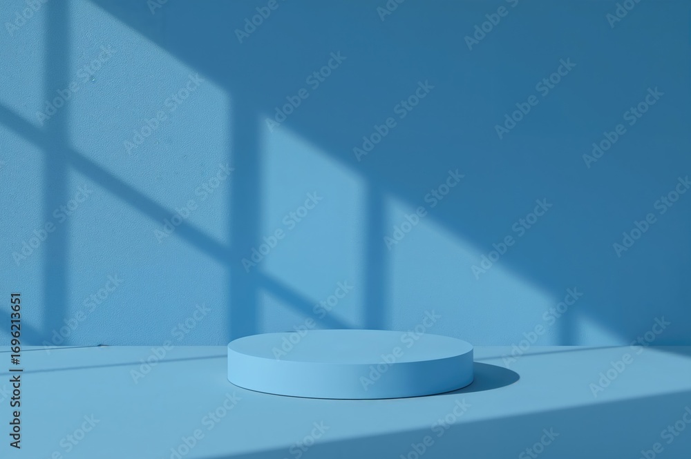 Poster abstract geometric studio setup featuring shadows and illumination against a blue backdrop for showc