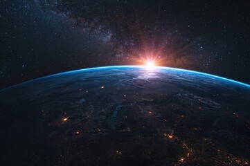 Obraz premium View of a celestial body illuminated by city lights under a cosmic backdrop with the dawn approaching. High-definition space wallpaper from orbit perspective.