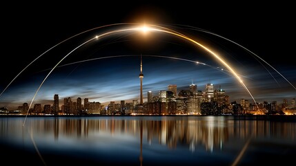 Stunning Night View of Toronto Skyline with Illuminating Light Trails Over Water
