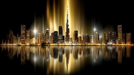 Obraz premium Stunning Night View of a City Skyline with Reflections and Illuminated Buildings