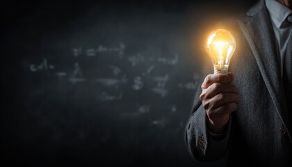 Man in a suit holds a glowing lightbulb in front of a dark, blurry background of mathematical equations
