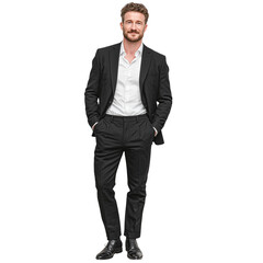 Full length stock photo of confident businessman in a black suit, standing in professional pose against white background, symbolizing leadership, corporate branding, and professional confidence