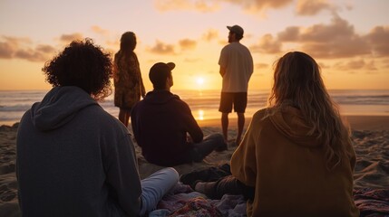 Diverse group of friends enjoying sunset on sandy beach with warm colors and serene atmosphere