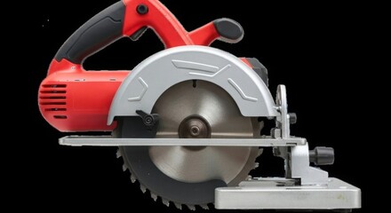 Powerful red and silver circular saw tool on black background