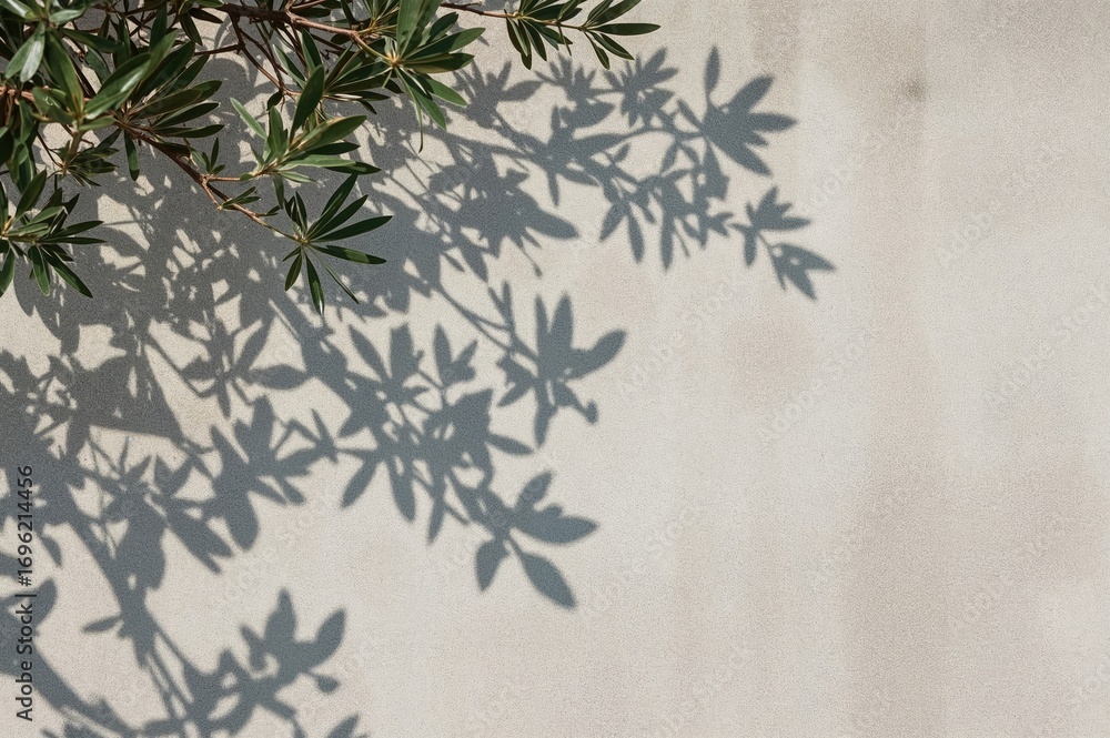 Poster shadows of tree limbs and foliage cast on a rough concrete surface. modern natural-themed backdrop w