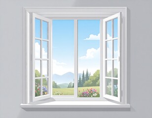 White window on a wall, overlooking a landscape