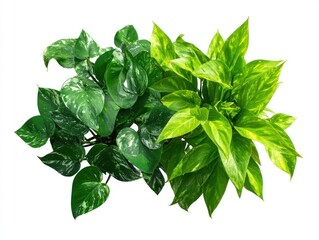 Two potted pothos plants with different variegation patterns, viewed from above, against a white background