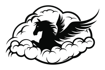 Mythical Pegasus Silhouette Flying Through Clouds on White Background