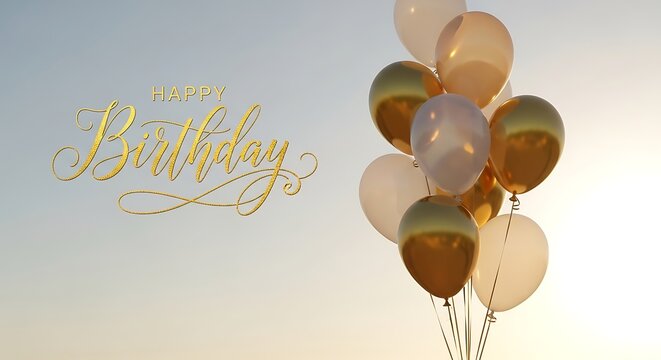 Celebrate special moments with elegant golden 'Happy Birthday' script and luxurious balloons floating against a soft sky - Powered by Adobe