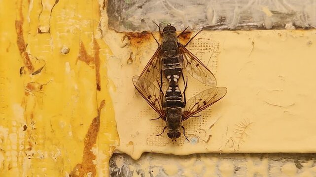 Closeup two horseflies mating, showing detailed wings, striped body, and natural insect behavior. Rare moment in wildlife and entomology, perfect for educational, scientific, nature themes. Horsefly