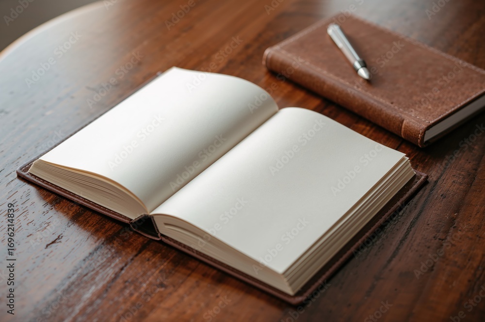 Poster a leather-bound diary lying open with empty pages on a wooden surface. concept related to education 