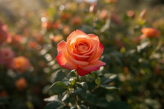 A vibrant orange rose with crimson tips blooming in a garden during early summer