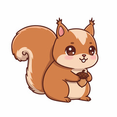Fototapeta premium A cute cartoon squirrel with a fluffy tail holding an acorn, depicted in a charming kawaii art style on a white background.