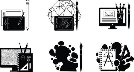 Digital art tools illustration, black and white creative design, drawing tablet, 3D modeling, CAD interface, technical drawing, artistic concept