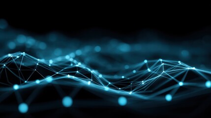 Abstract glowing blue network of connected dots and lines on a dark background creating a futuristic and technological scene