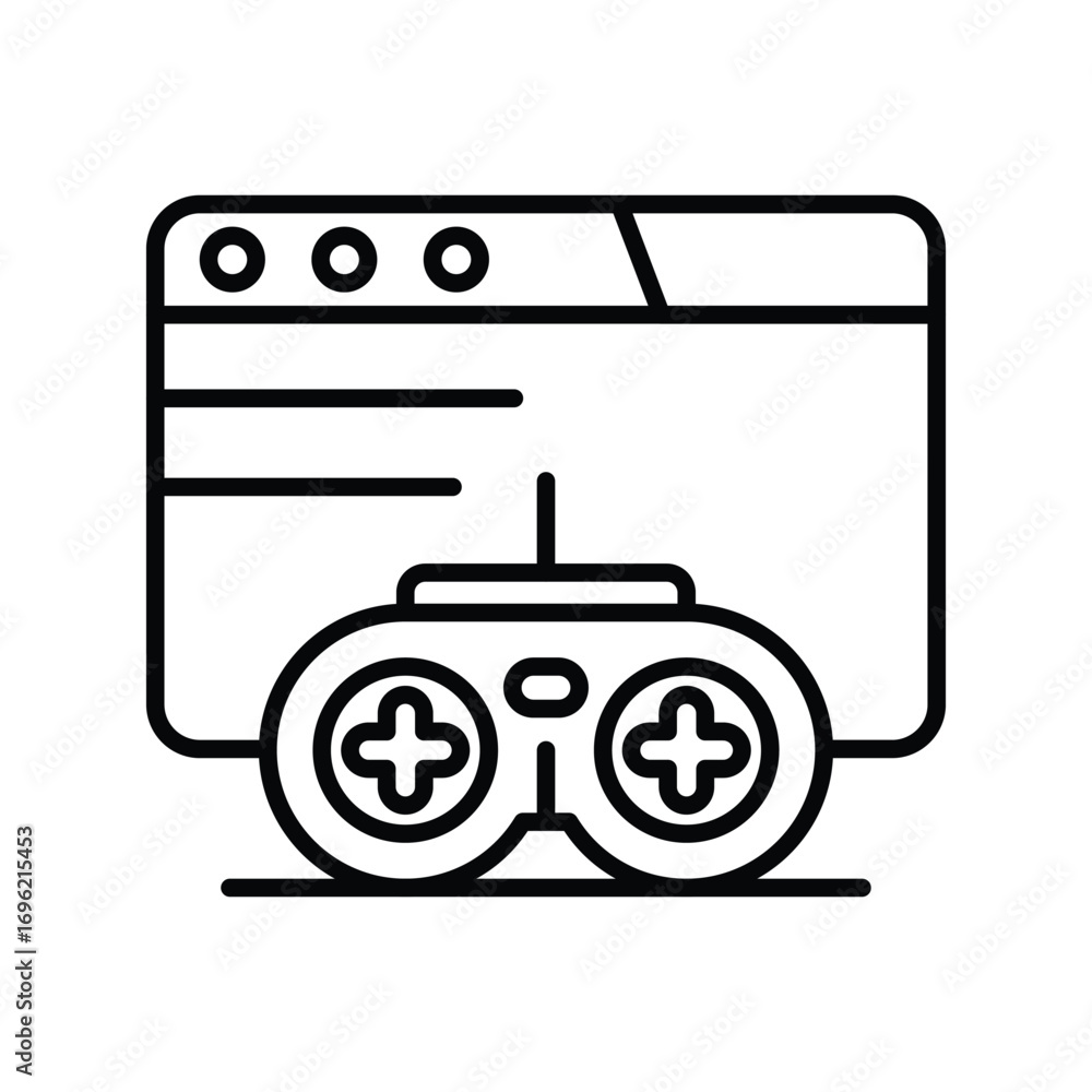 Poster icon of a web browser window displaying a gamepad. editable stroke icon