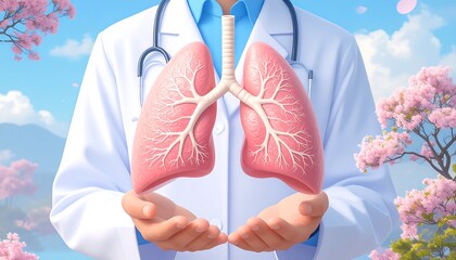 A healthcare professional presenting an illustration of human lungs, emphasizing respiratory health with an outdoor spring setting with pink blossom trees. Blue sky background