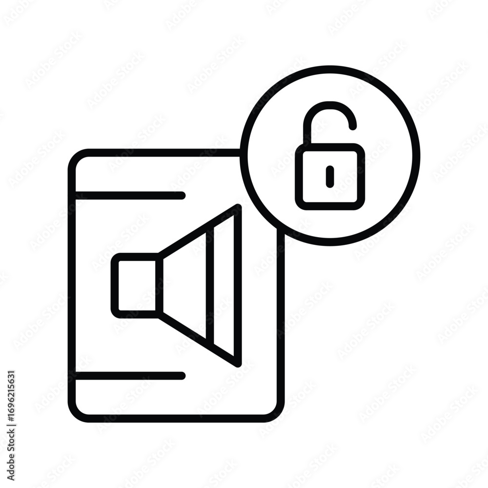 Poster line art volume icon next to an unlocked padlock in a circle both in black. editable stroke icon