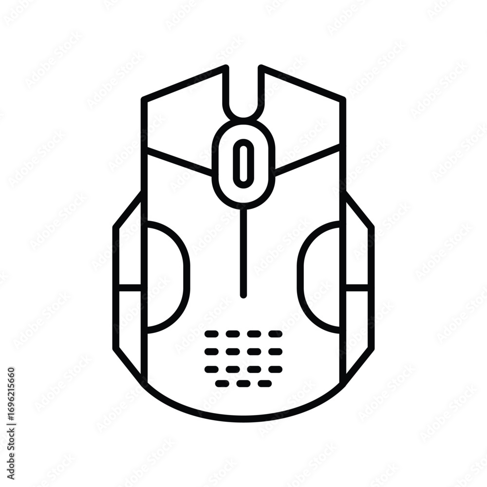 Poster line drawing of a gaming mouse with a distinct shape including buttons ventilation holes and grip ar