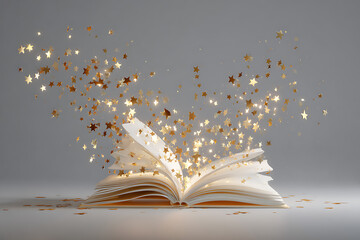 Unleash boundless imagination as golden stars erupt from an open book, symbolizing dreams taking flight and the magic of storytelling unfolding into a brilliant future.