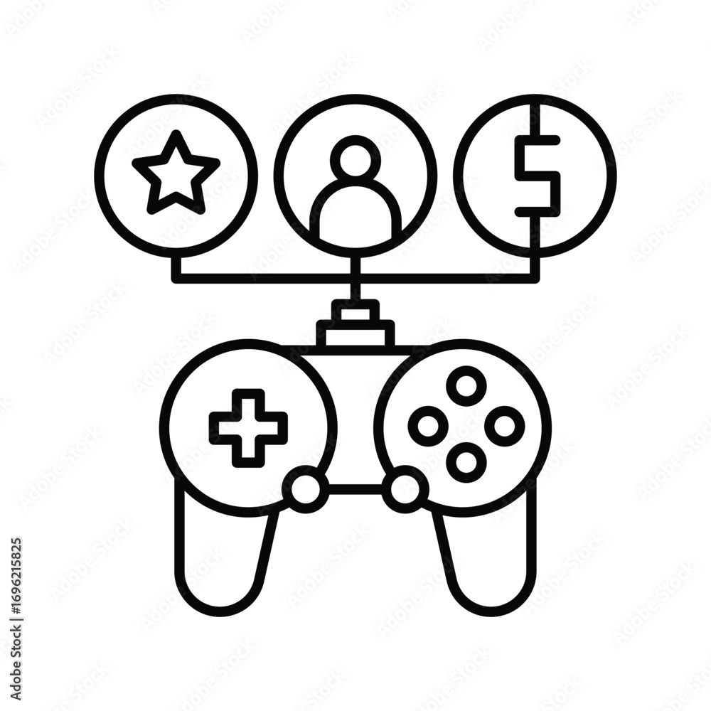 Aufkleber outline of game controller with connected icons of star person and money symbol. editable stroke ico