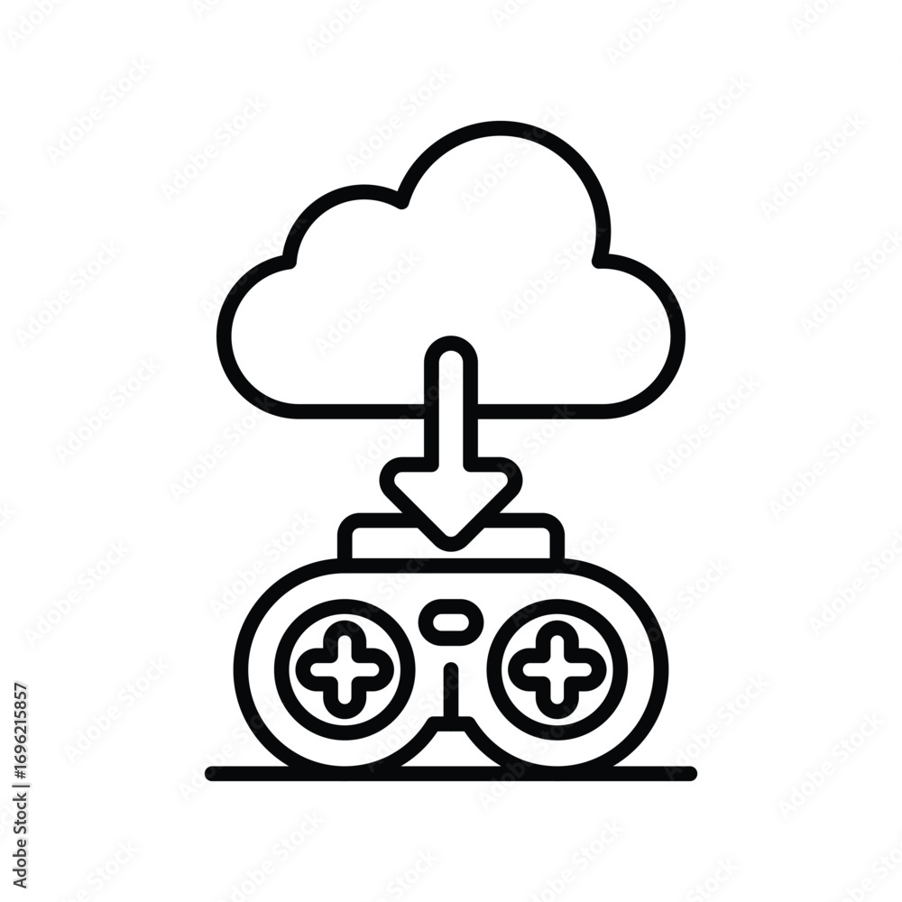 Poster outlined graphic of a cloud downward arrow game controller resting on a line. editable stroke icon