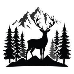 silhouette, antler, animal, nature, wildlife, forest, cervid, buck, graphic, hunting, mammal, stag, design, drawing, outdoors, vector, wild, tree, timberland, majestic, art, head, illustration, landsc