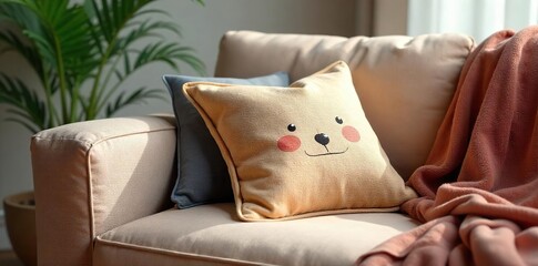 Cozy living room cushion in soft, textured fabric, perfect for relaxing on the sofa or armchair Ideal for adding comfort and style to any home interior , beige, pattern