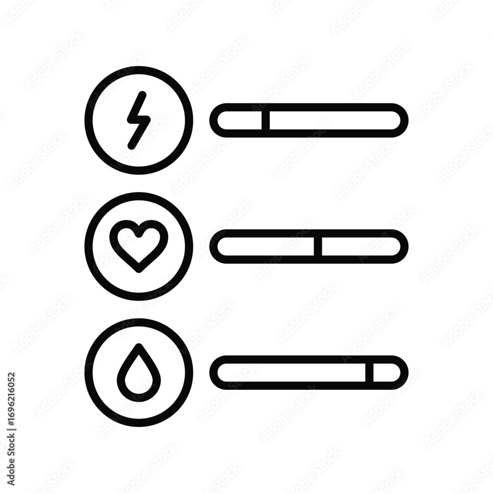 Poster three icon sets each with a circled symbol lightning bolt heart teardrop a partially filled horizont