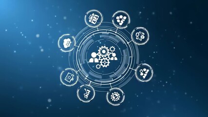 Digital network connection with business icons and gears symbolizing teamwork and data flow 4K Ai HD video. - Powered by Adobe