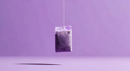 Tea bag suspended mid air against a soft purple background