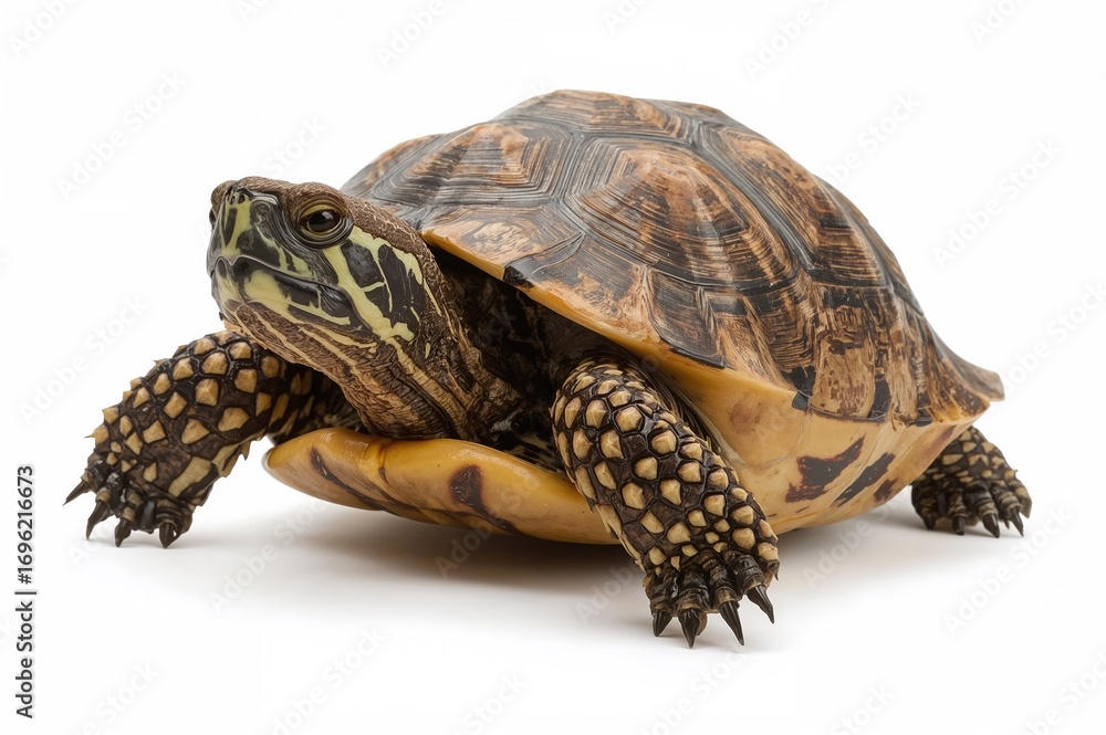 Poster close-up side profile of a mature box turtle with extended head, isolated on a white background