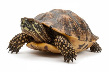 Obraz premium Close-up side profile of a mature box turtle with extended head, isolated on a white background