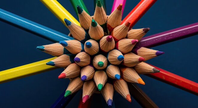 A cluster of colored pencils pointing inwards surrounded by protruding pencils all against a dark blue background