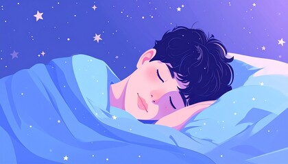 A young man sleeps peacefully under a blue blanket against a starry night sky, eyes closed, resting comfortably.
